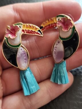 Tropical Toucan Colorful Enamel Drop Earrings - Pink, Yellow & Turquoise